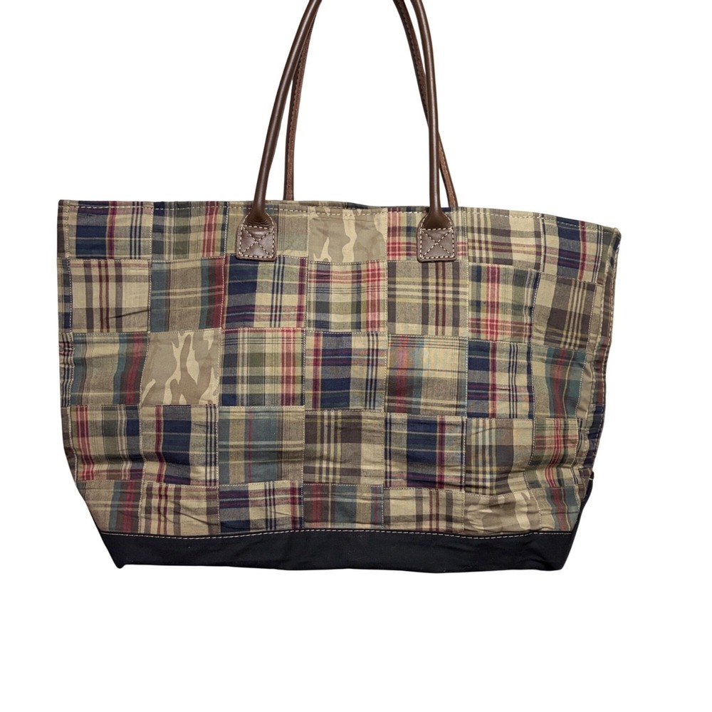 Vintage L.L. Bean‎ Boat Tote Madras Sz Large Leather Handles Patchwork Old Money - Picture 2 of 5